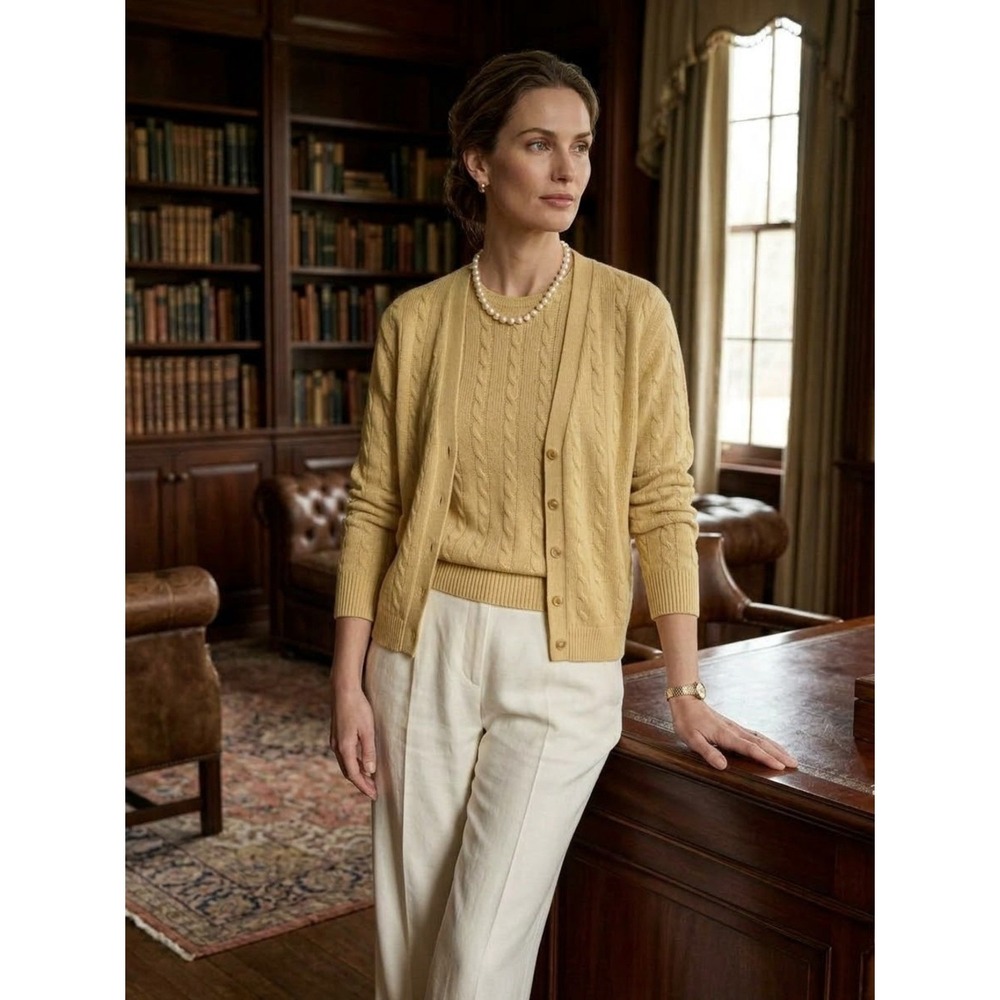 Vintage Yellow Gold Silk Cotton Cable Knit Twinset Sweater S Old Money Preppy